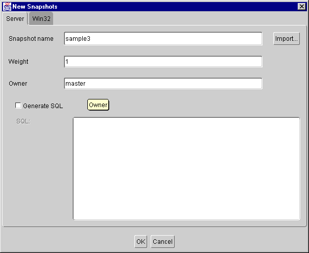 New snapshots dialog, server tab
