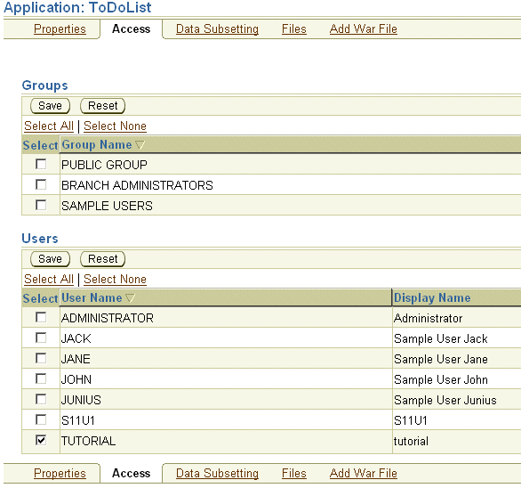 The access page lists group names and users