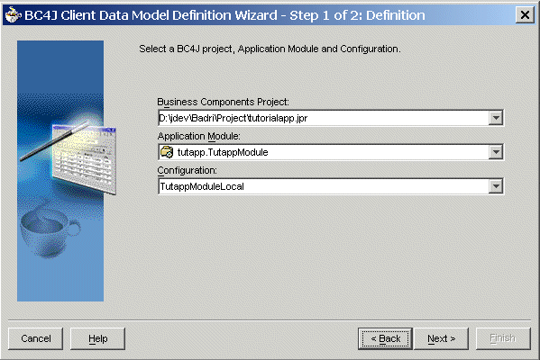 The BC4J client data model definition dialog.