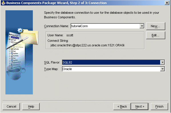 Specify the connection name, SQL flavor, and type map.