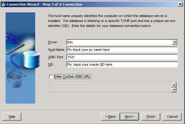 Specify the driver, host name, JDBC port, and SID.