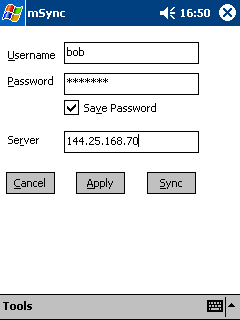 The mSync dialog