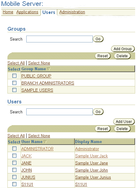 The Groups and Users page for this Mobile Server.