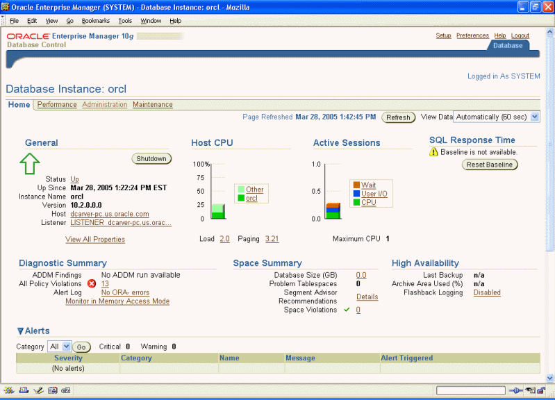Enterprise Manager home page Enterprise Manager home page