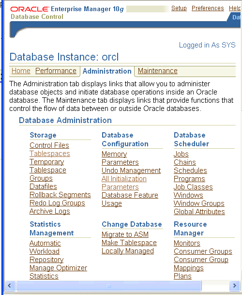 Enterprise Manager: administration page Enterprise Manager: administration page