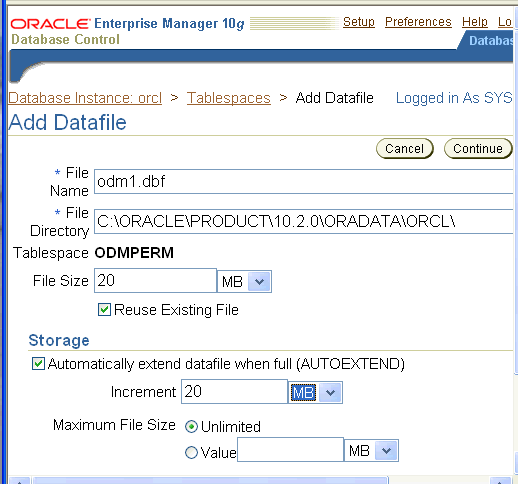 Enterprise Manager: Add datafile to tablespace Enterprise Manager: Add datafile to tablespace