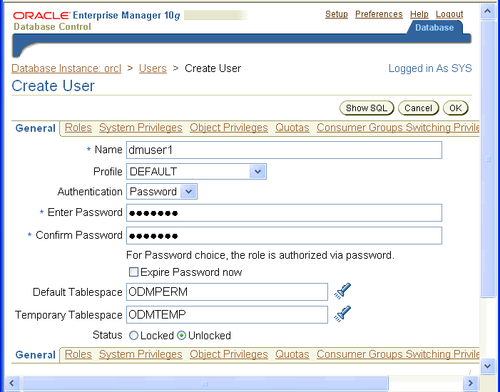 Enterprise Manager: edit user page Enterprise Manager: edit user page