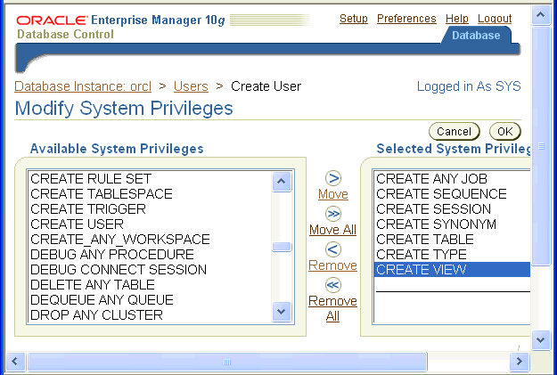 Enterprise Manager: select system privileges for user Enterprise Manager: select system privileges for user