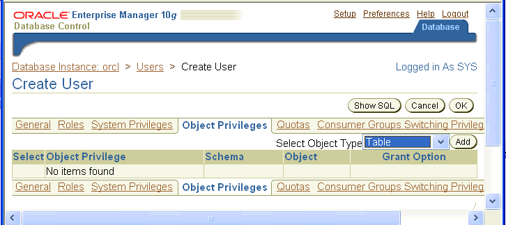 Enterprise Manager: assign object privileges to user Enterprise Manager: assign object privileges to user
