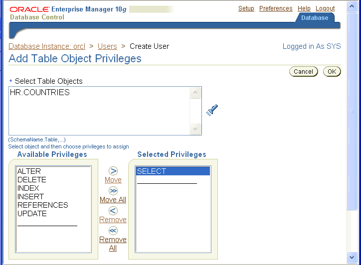 Enterprise Manager: add SELECT TABLE privilege to user Enterprise Manager: add SELECT TABLE privilege to user