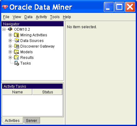 Oracle Data Miner: navigator page Oracle Data Miner: navigator page