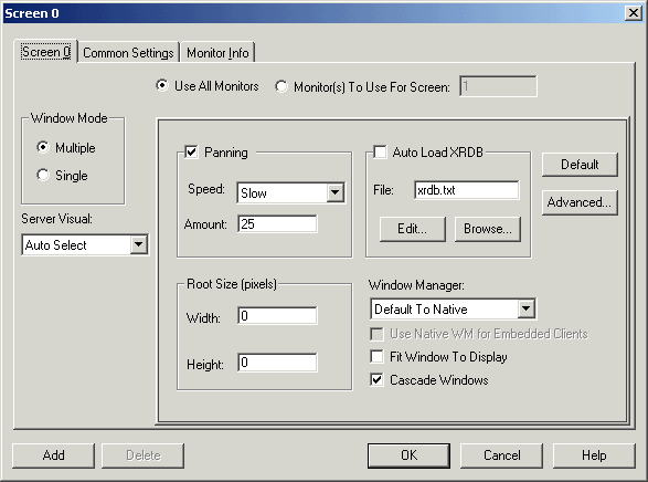 Screen capture of Exceed&rsquo;s Screen 0 dialog.