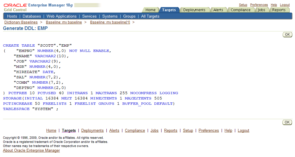 DDL Generated for a Selected Baseline DDL Generated for a Selected Baseline