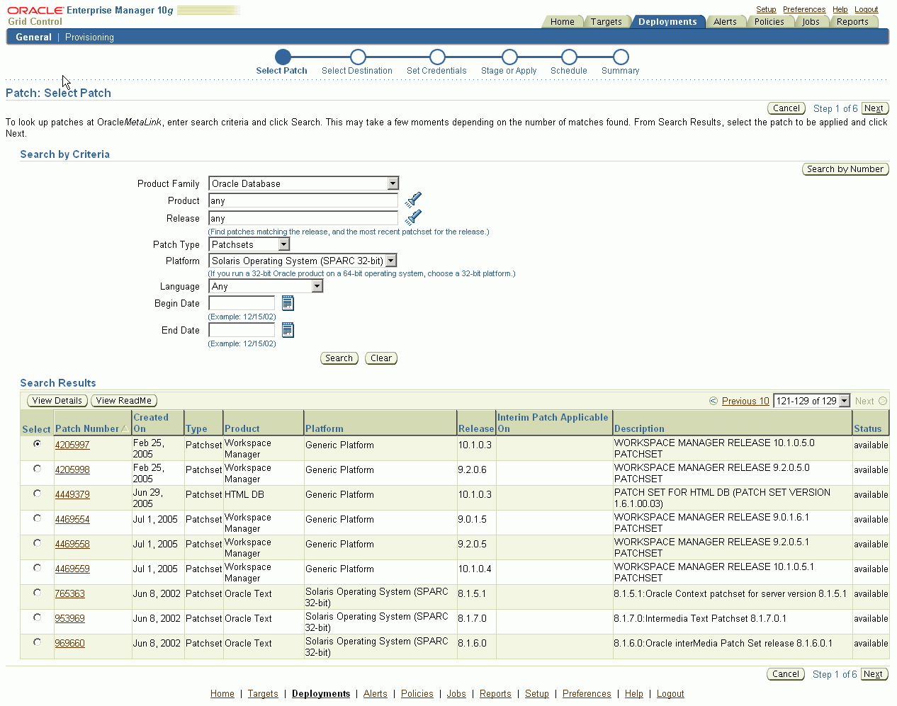 This is the Enterprise Manager Select Patch page. This is the Enterprise Manager Select Patch page.