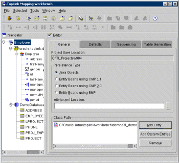 TopLink Mapping Workbench screen