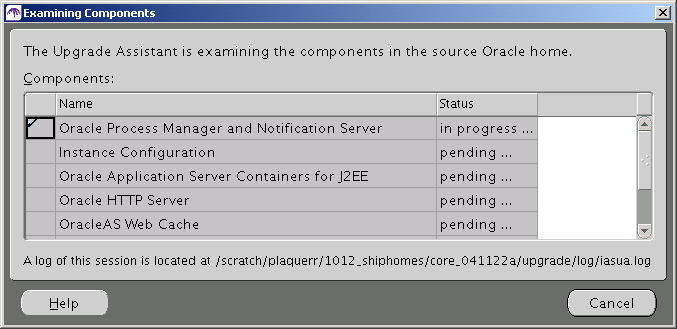 OracleAS Upgrade Assistant Examining Components Dialog Box