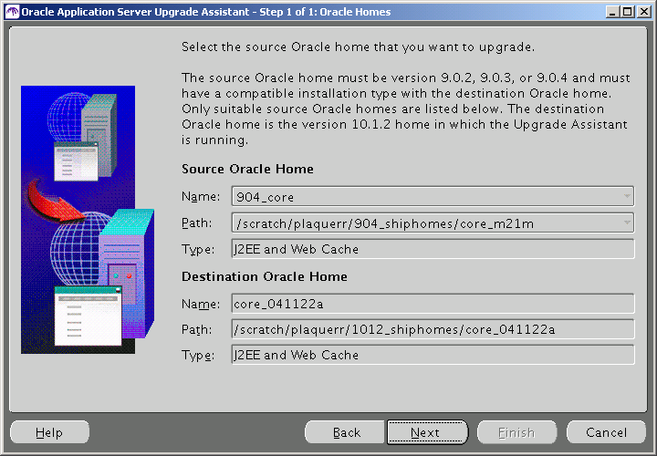 OracleAS Upgrade Assistant Oracle Homes Screen