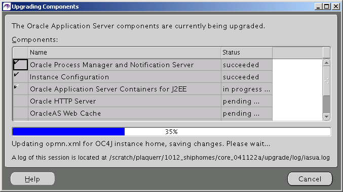 OracleAS UPgrade Assistant Upgrading Screen