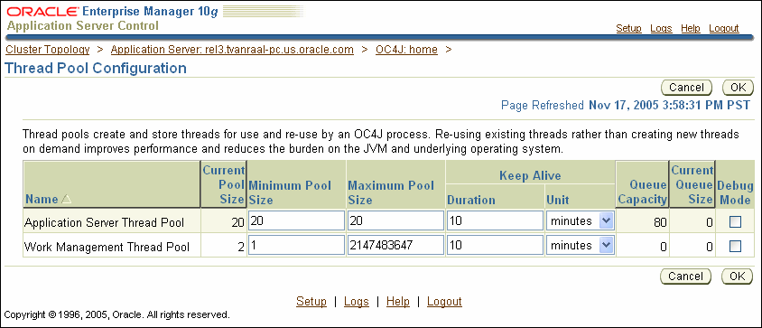 Application server control thread pool configuration screen