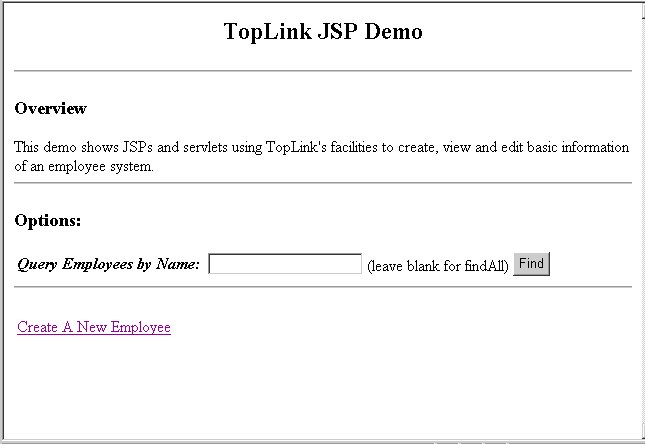 This illustration shows the TopLink JSP Demo page.