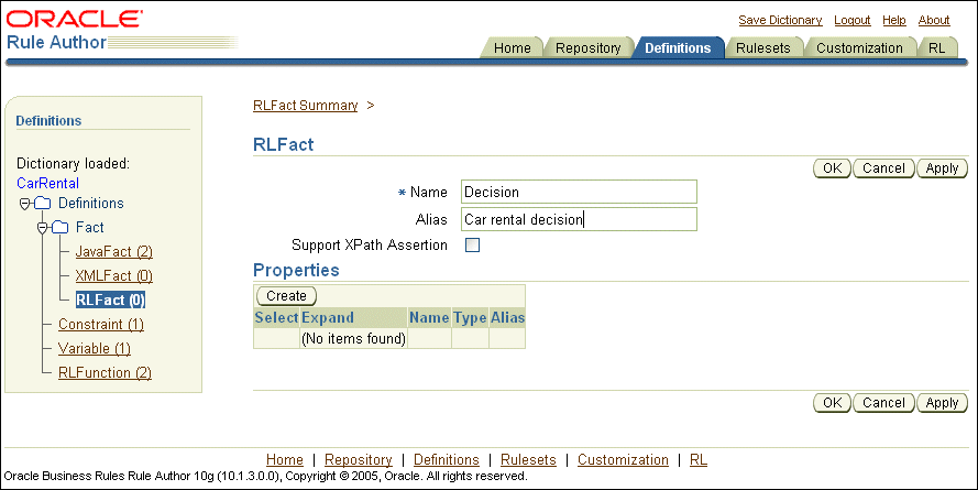 Rule Author Definitions Tab with RLFact Page
