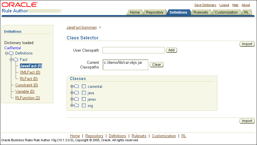 Rule Author JavaFact Class Selector Page