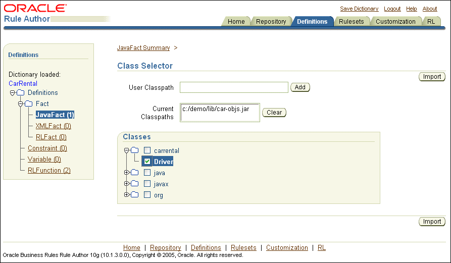 Rule Author JavaFact Class Selector Page