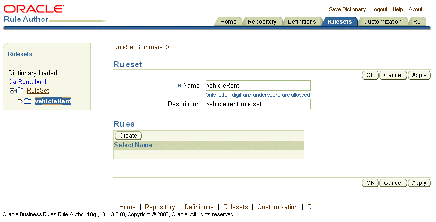 Rule Author RuleSet Page Showing the Create Button