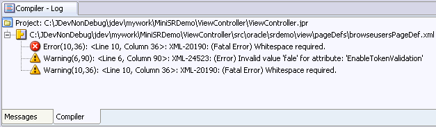 Compiler window displays XML compile error.