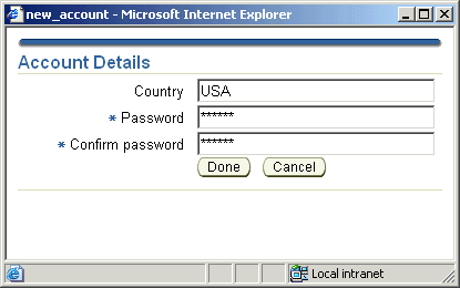 Account Details screen to confirm country and password