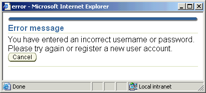 Error message in a popup dialog
