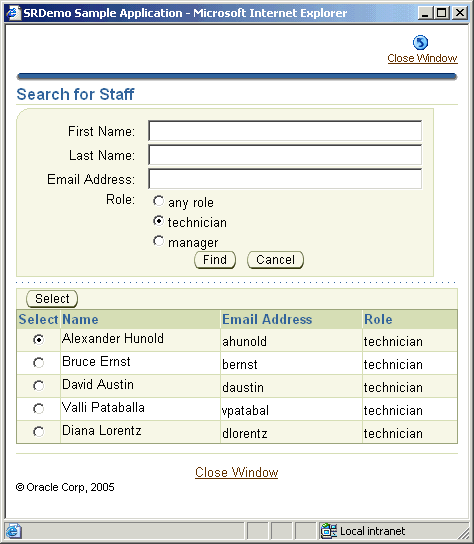 Search form to search staff by role