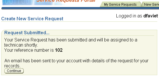 Request Submitted page for creating service request