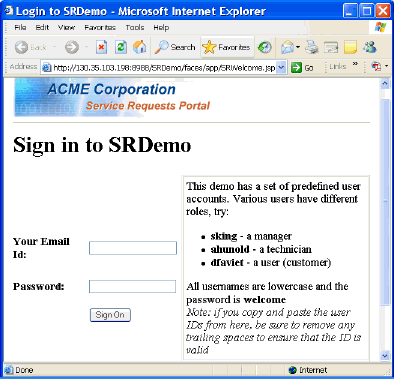 Sample login page from the SRDemo application.