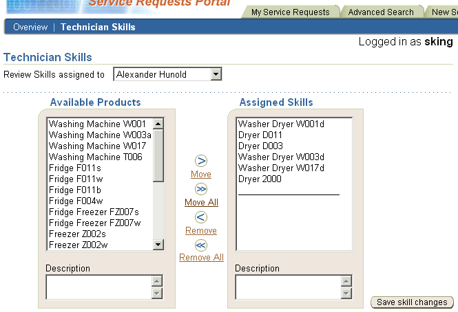 Technician skills page showing assigned skills in shuttle
