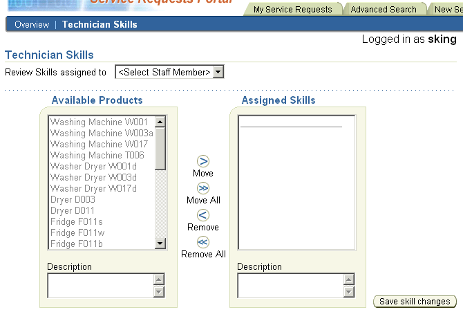 Technician skills page for assigning skills with shuttle