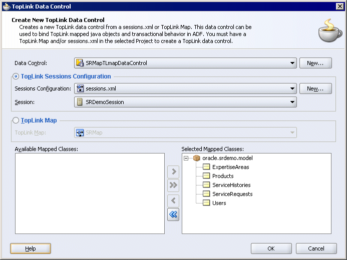 image of creating a TopLink Data Control