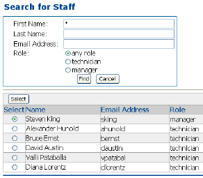 This image shows staff search dialog for a manager.