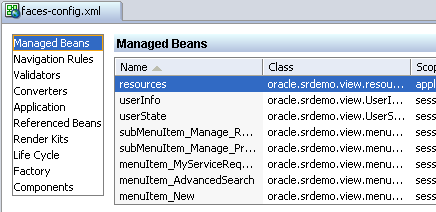 The JSF Configuration Editor shows all the managed beans