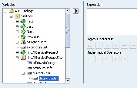 The EL Expression Builder shows all values you can bind to