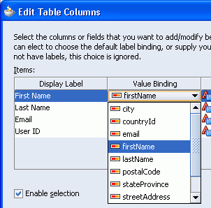 Value Binding Dropdown in the Edit Table Columns dialog.
