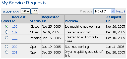 SRList table can navigate through sets of service requests