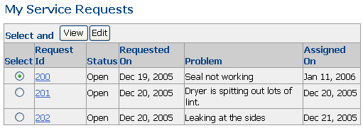 The SRList page contains a table that lists service requests
