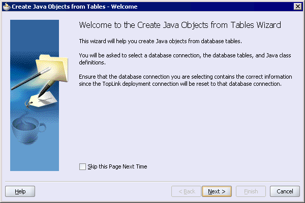 welcome screen from Creating Java Objects from Tables wizard