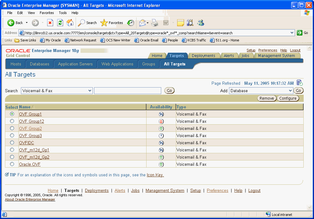 All Targets page showing the Oracle Voicemail Fax targets