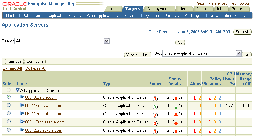 List of Application Servers in the Grid Control Consol