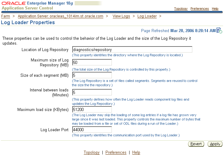 Log Loader Properties Page