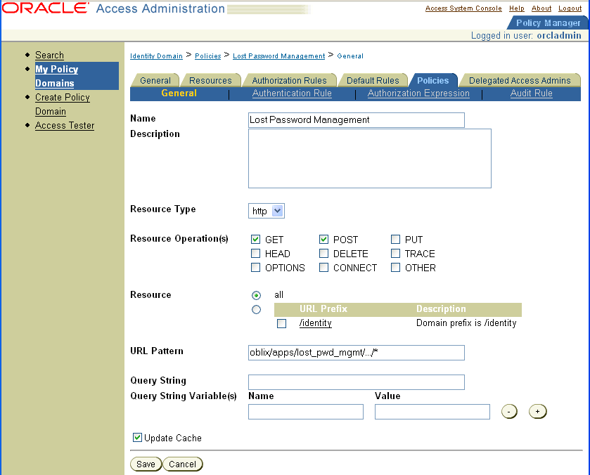 Policies tab for the Identity domain