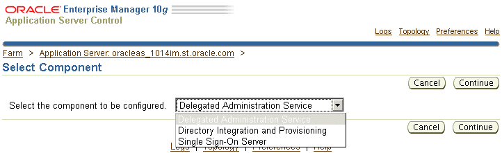 Component Page in the Application Server Control Console