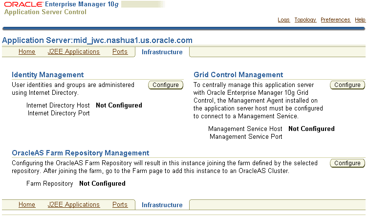 Application Server Control Console Infrastructure Page